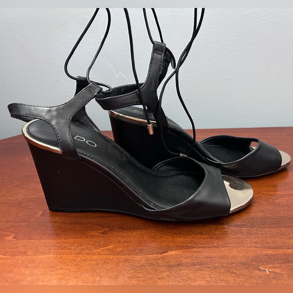 Aldo black faux lace up wedges size 7